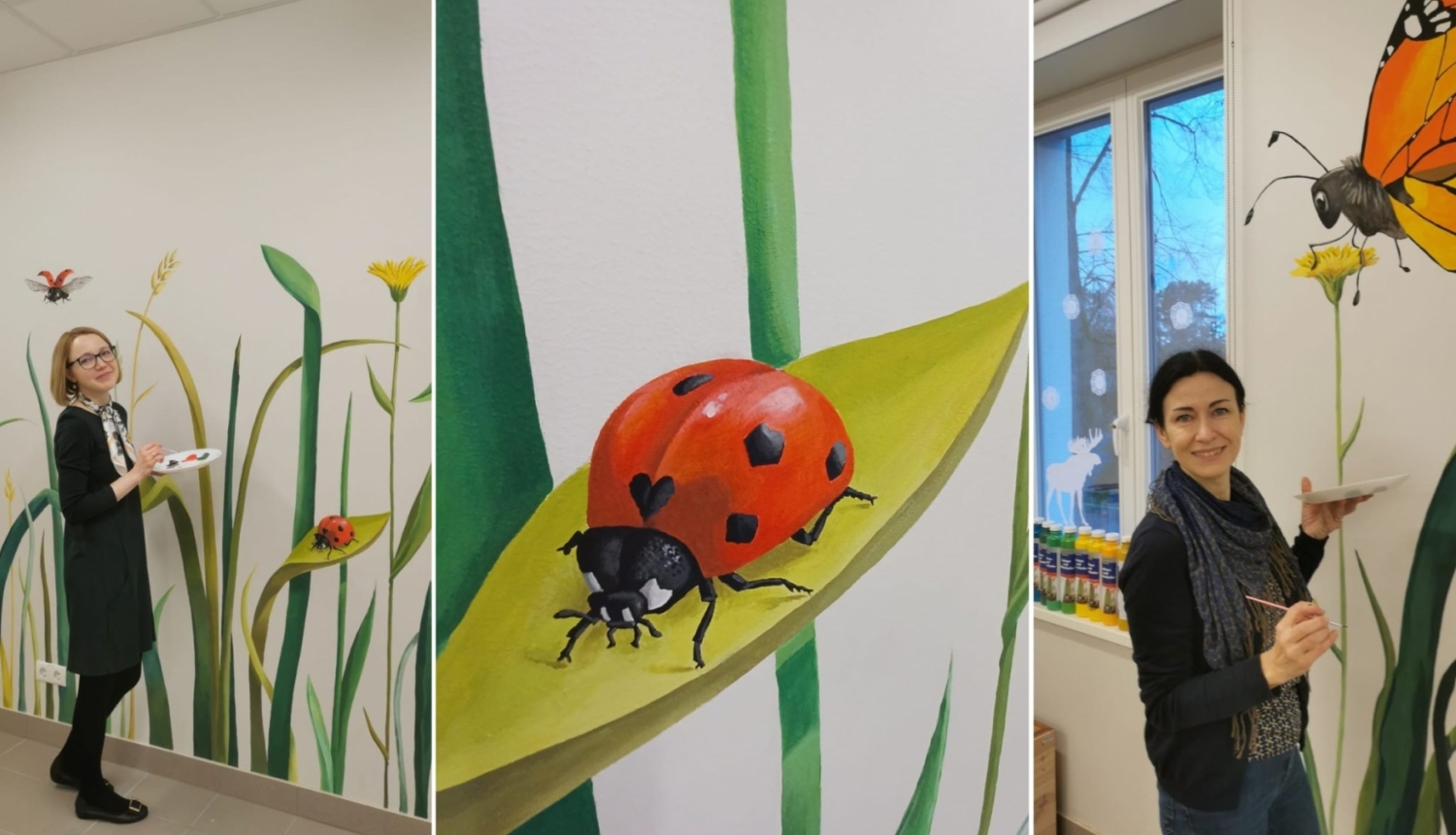 pedagogu palīdzes veido sienas gleznojumus uz bērnudārza grupu sienām